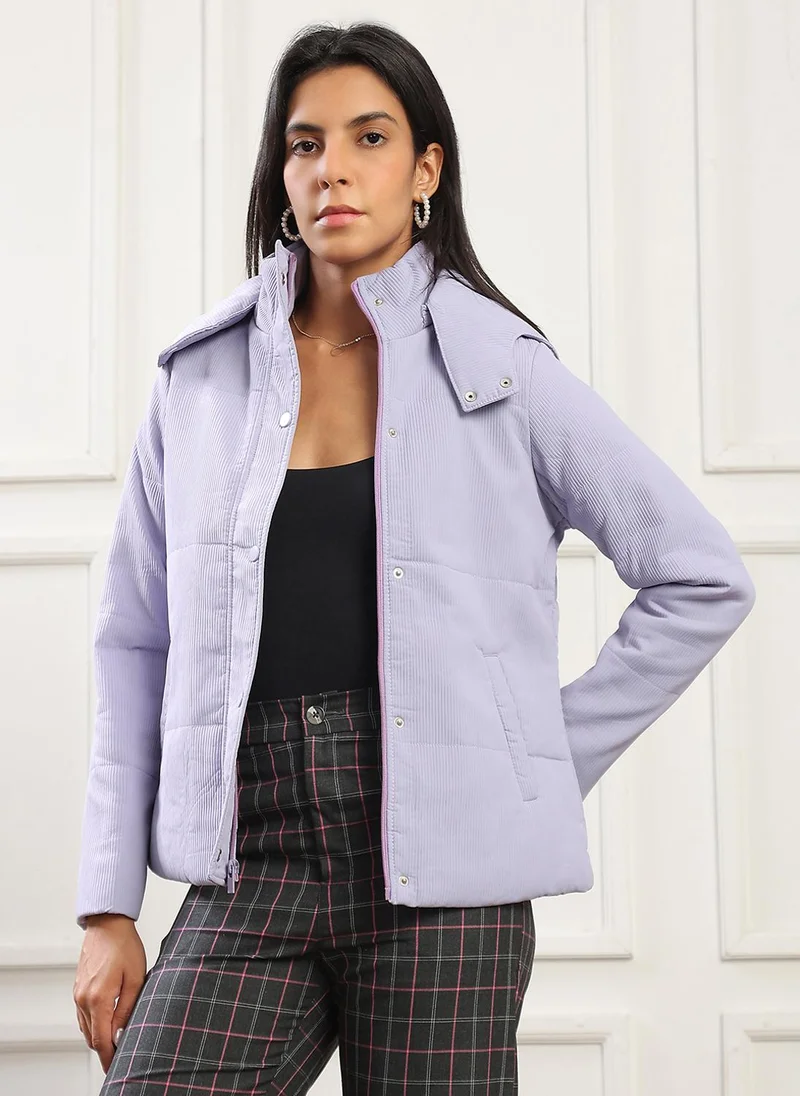 جلو باص Globus Women Purple Mock Neck Long Sleeves 2 Pockets Self Design Winter Wear Insulator Puffer Jacket With Attached Hood